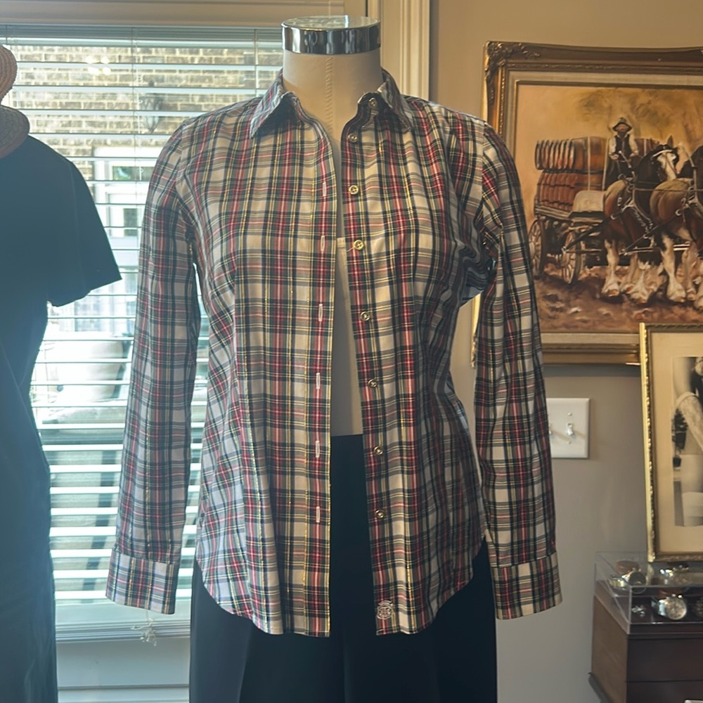 Talbots Sz 4P Red Green Navy Plaid Button Down Shirt EUC